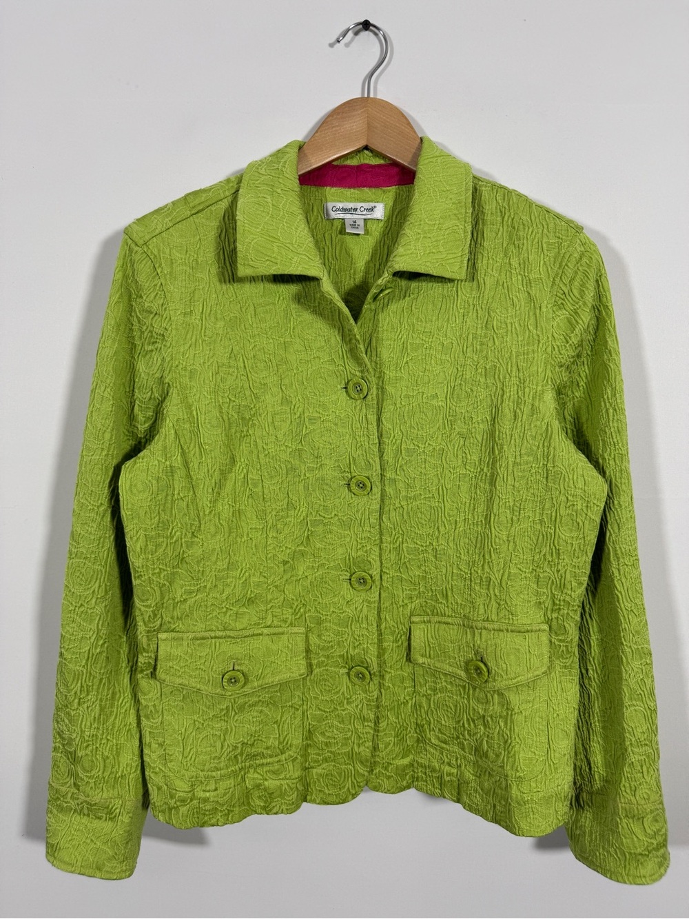 WJT31 {Coldwater Creek} Lime Green Floral Textured Button Down Utility Coat